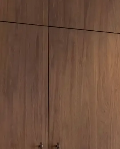 Close view of dark timber tall cabinet doors